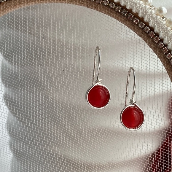Red Jade & Silver Wire Wrapped Minimalist Earrings - Picture 4 of 12